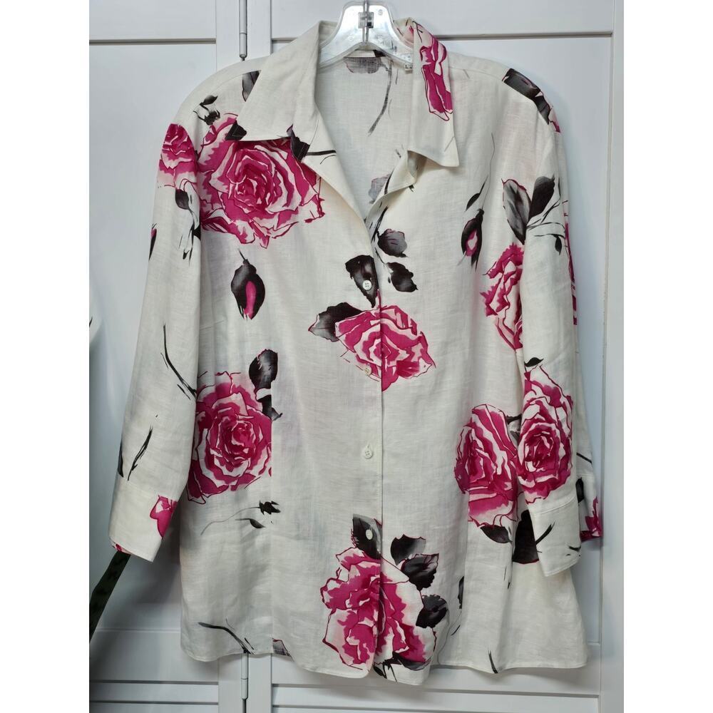 MARCO PECCI 100% LINEN PINK WHITE FLORAL BUTTON FRONT SHIRT BLOUSE SZ 46 UK14